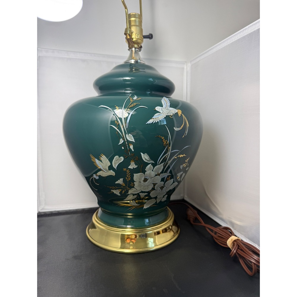 Vtg MCM Chinoiserie Emerald‎ Green Ginger Jar Lamp Bird Floral Hollywood Regency